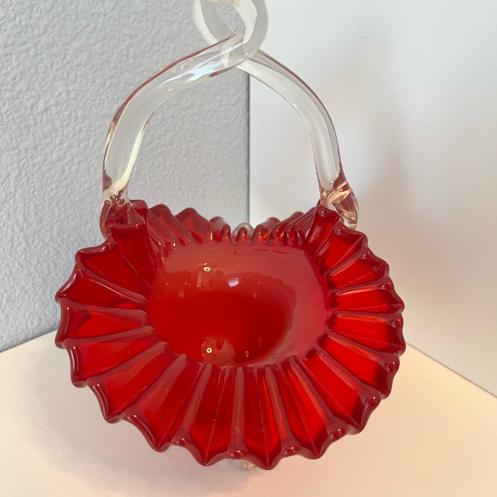 Fenton Scarlet Glass Art Basket Ruby Red Ruffled Crimped Edge & Clear Handle - Picture 2 of 6